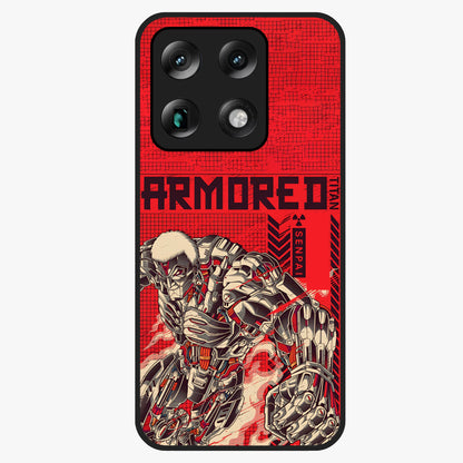 Crimson Mecha Titan Glass Case showing flat back view with powerful mech titan artwork and glossy glass finish.