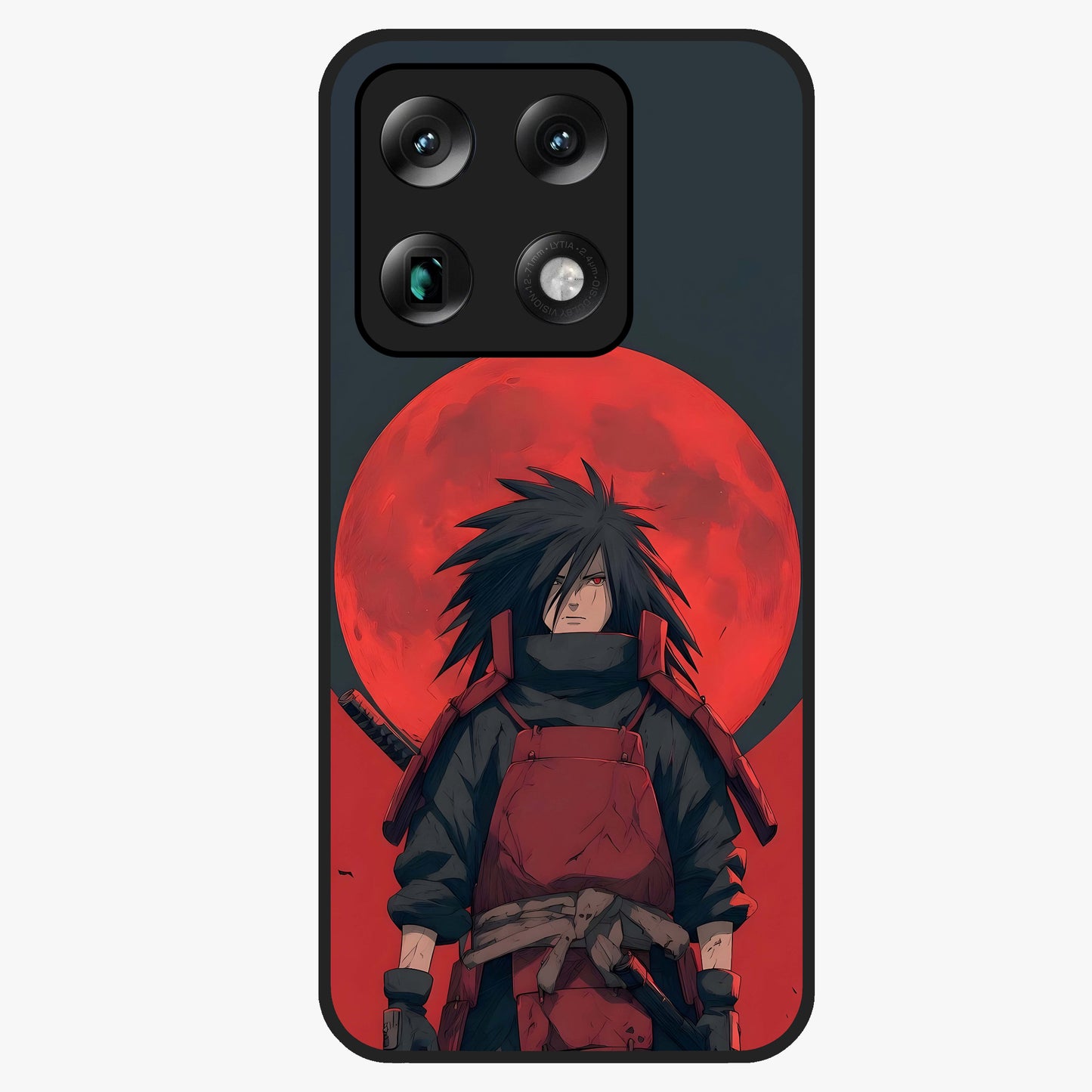 Crimson Moon Warlord Glass Case showing flat back view with mystical moon warrior artwork and glossy glass finish.
