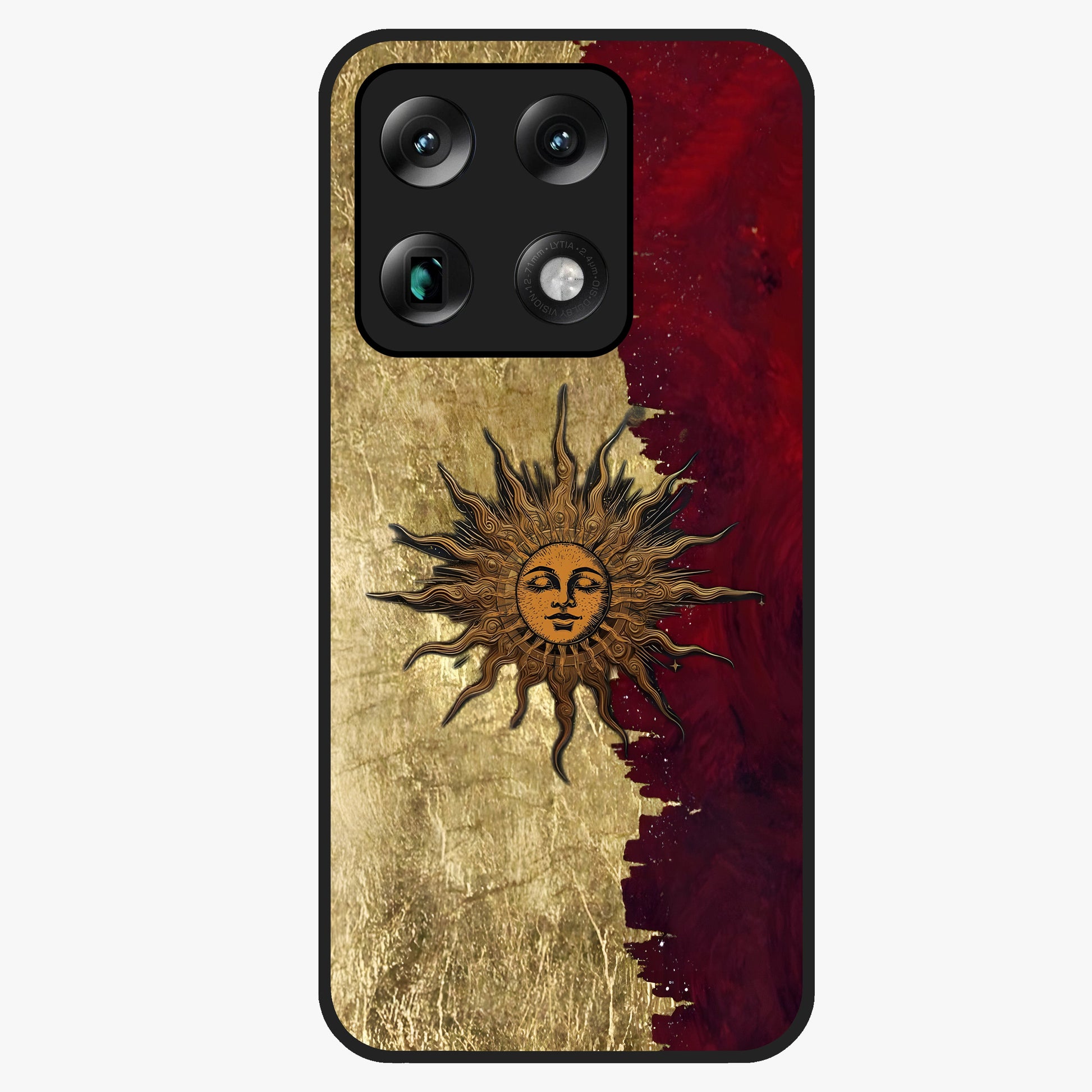 Crimson Sun Majesty Glass Case showing flat back view with radiant sun inspired artwork and glossy glass finish.