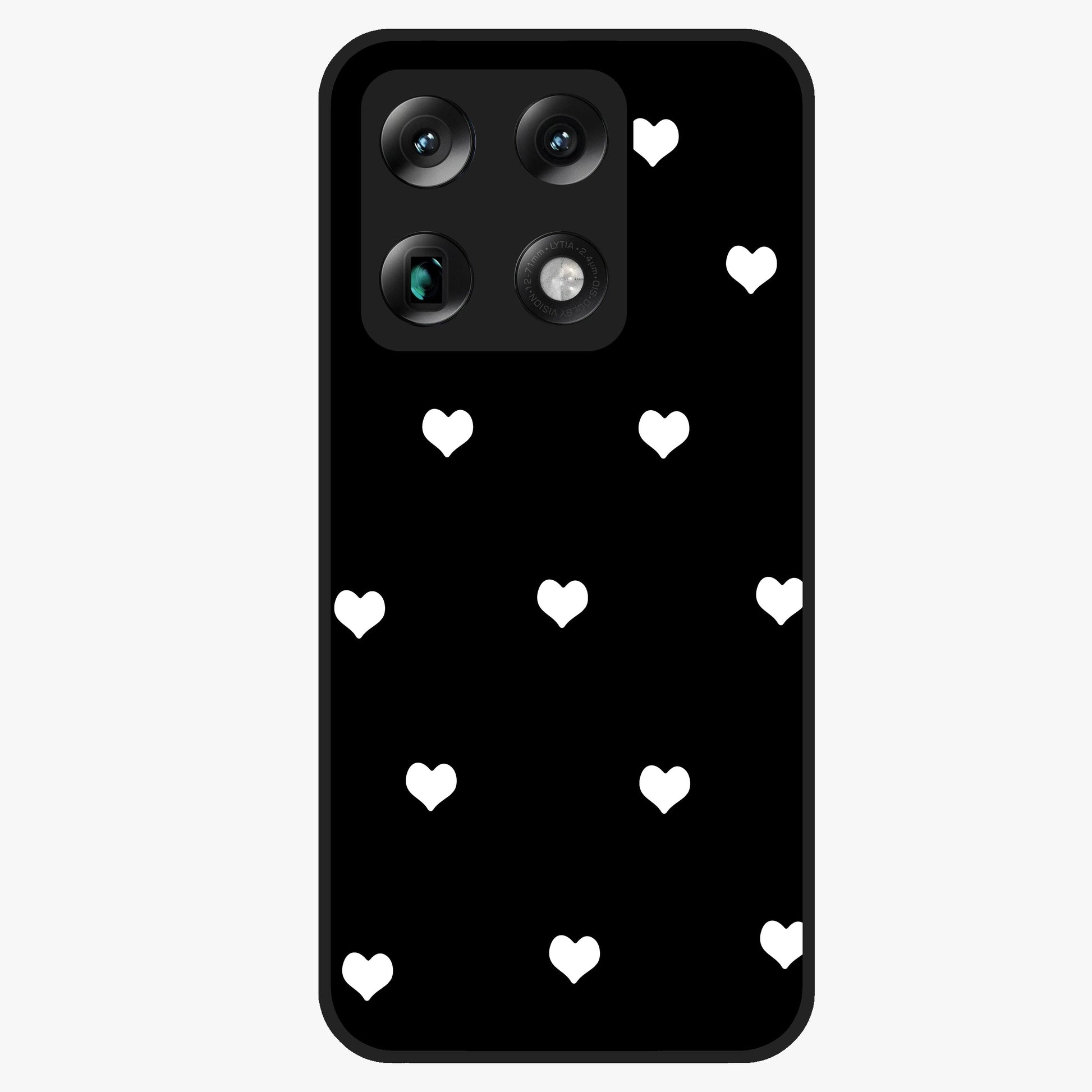 Cute And Simple White Hearts Glass Case showing flat back view with minimal white heart pattern and glossy glass finish.