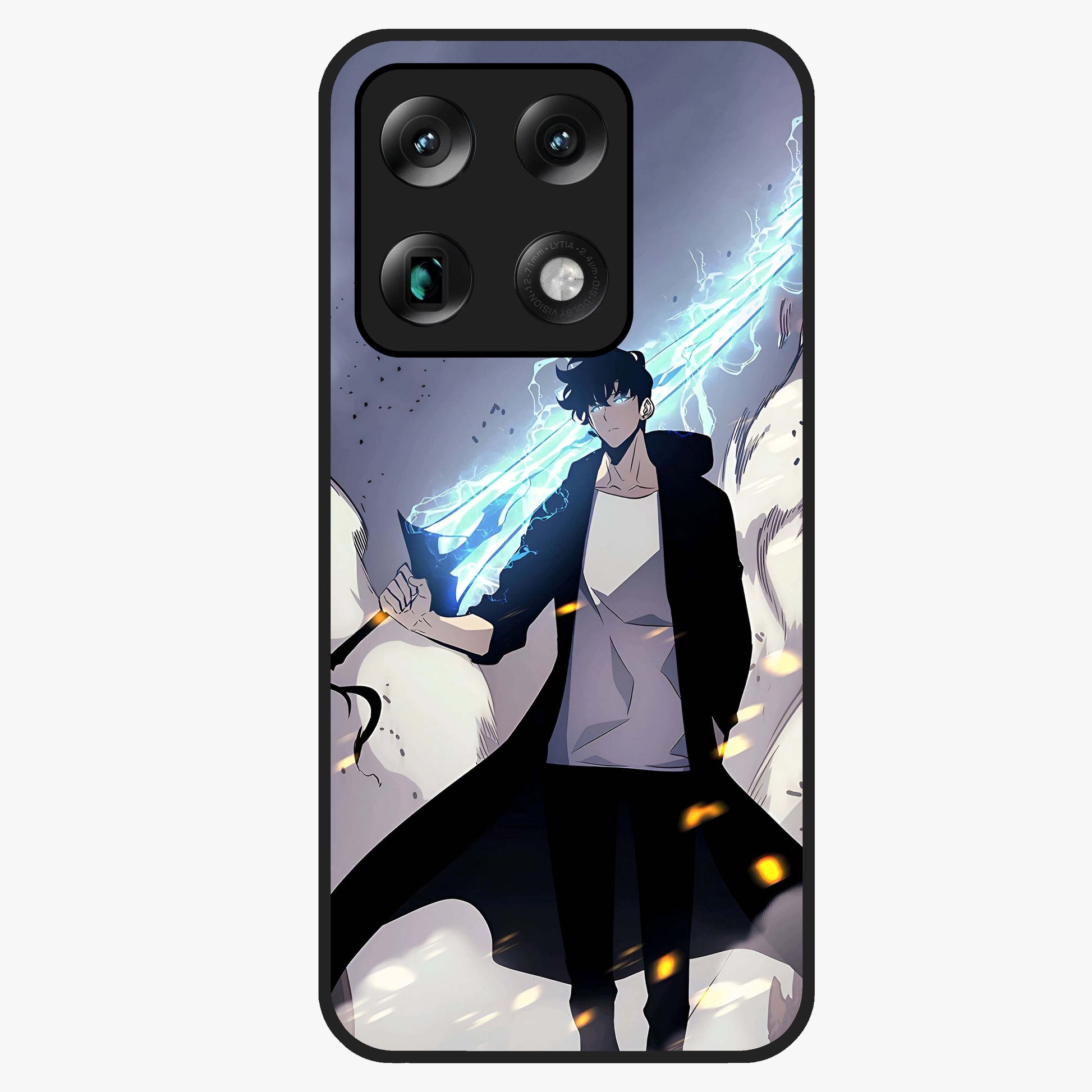 Dark Lightning Anime Warrior Glass Case showing flat back view with intense anime warrior artwork and glossy glass finish.