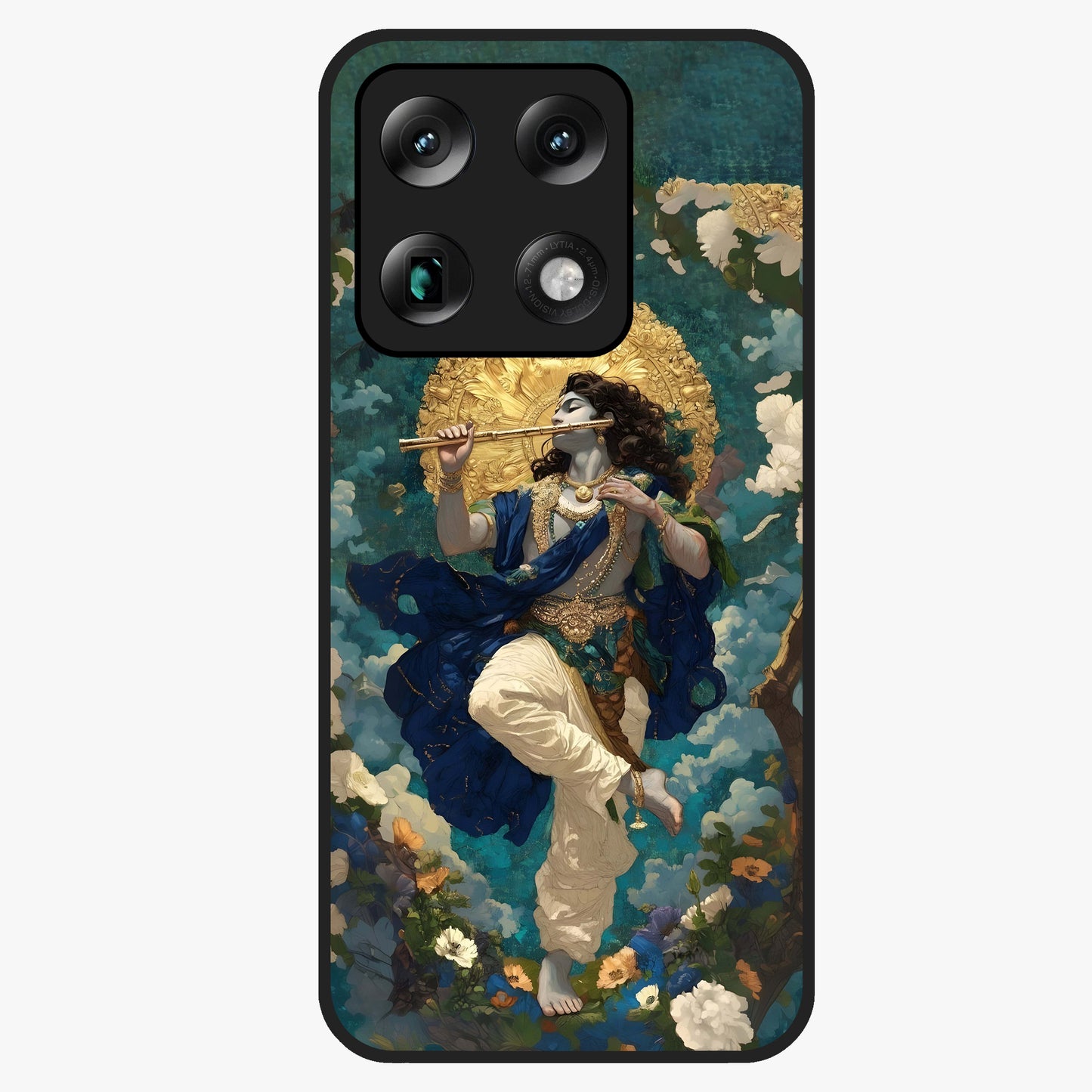 Divine Krishna Art Glass Case showing flat back view with Lord Krishna artwork and glossy glass finish.