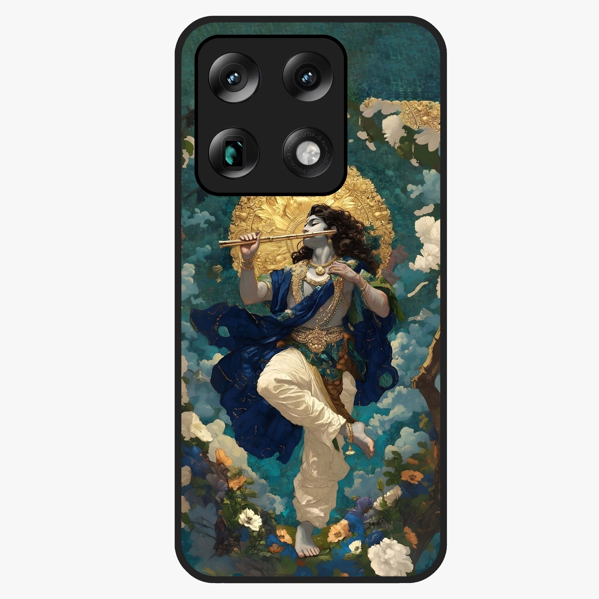 Divine Krishna Art Glass Case showing flat back view with Lord Krishna artwork and glossy glass finish.