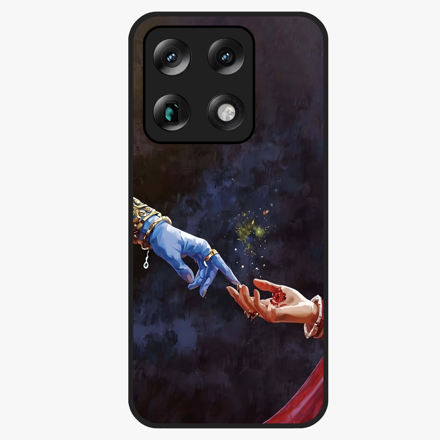 Divine Touch Eternal Glass Case showing flat back view with spiritual themed artwork and glossy glass finish.