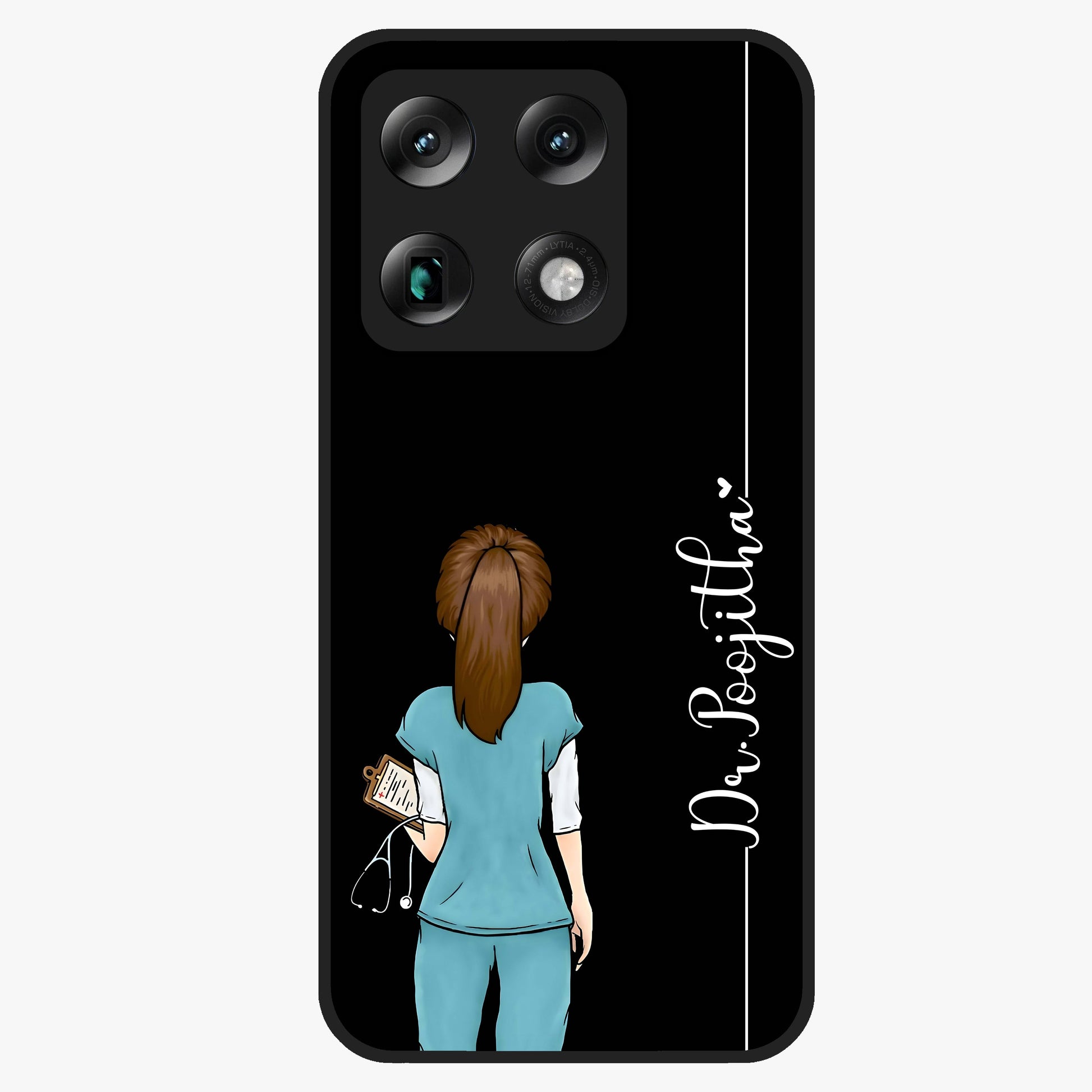 Doctor Pattern Custom Name Glass Case showing flat back view with medical themed pattern and personalized name design.