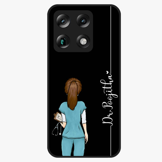Doctor Pattern Custom Name Glass Case showing flat back view with medical themed pattern and personalized name design.