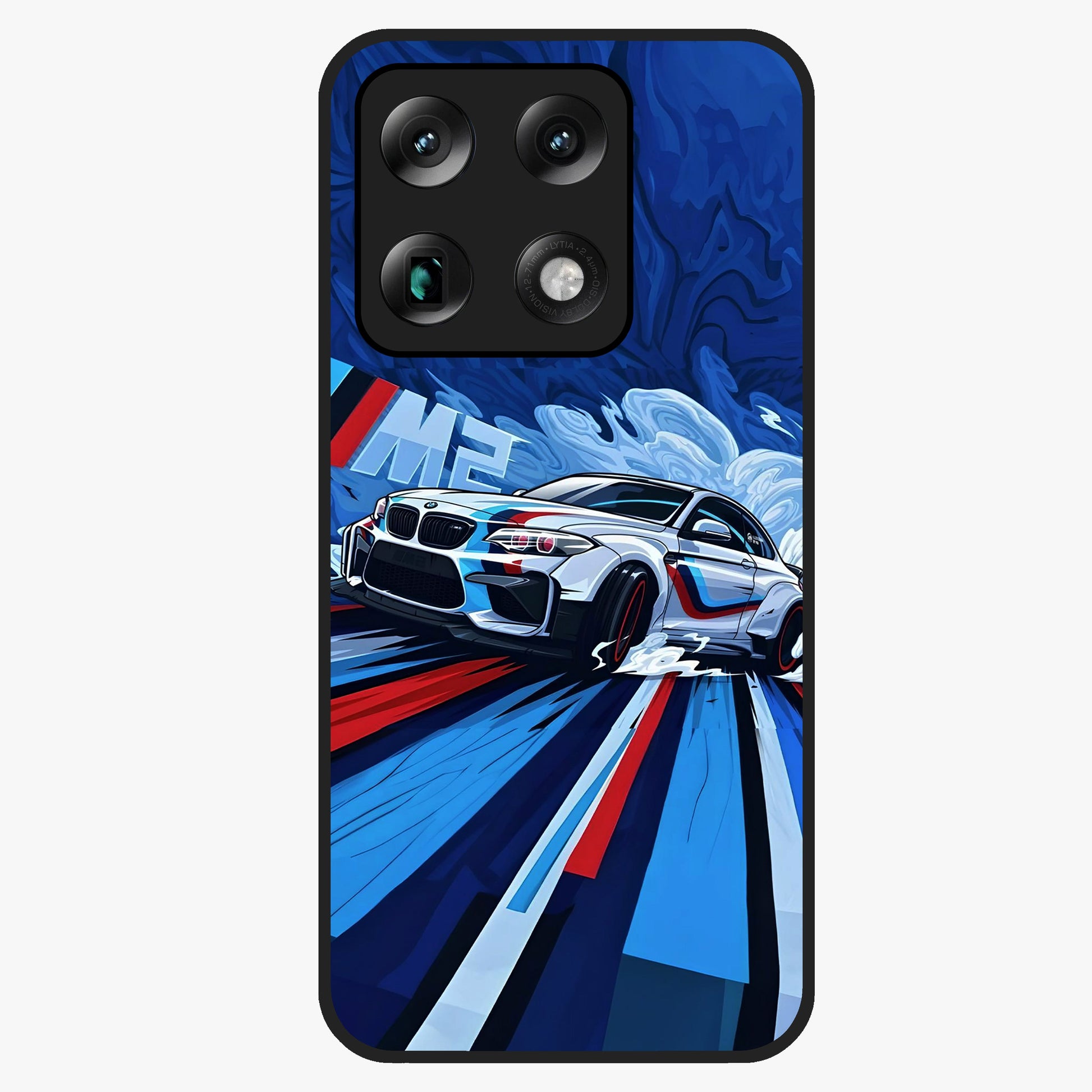 Drift Power Rush Glass Case showing flat back view with dynamic racing inspired artwork and glossy glass finish.