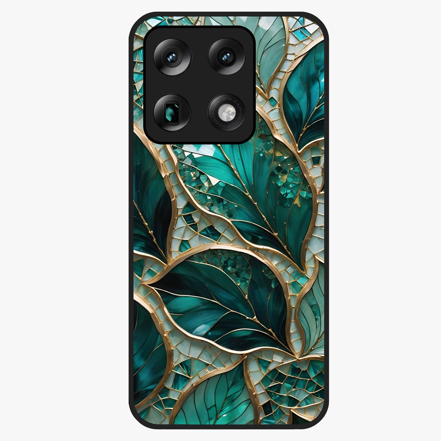Emerald Leaf Glass Glass Case showing flat back view with emerald green leaf artwork and glossy glass finish.