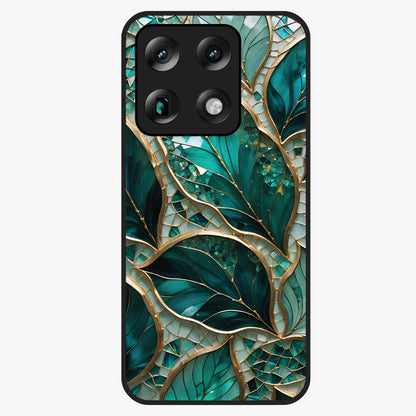 Emerald Leaf Glass Glass Case showing flat back view with emerald green leaf artwork and glossy glass finish.