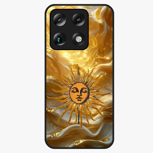 Eternal Golden Glow Glass Case showing flat back view with radiant golden themed artwork and glossy glass finish.