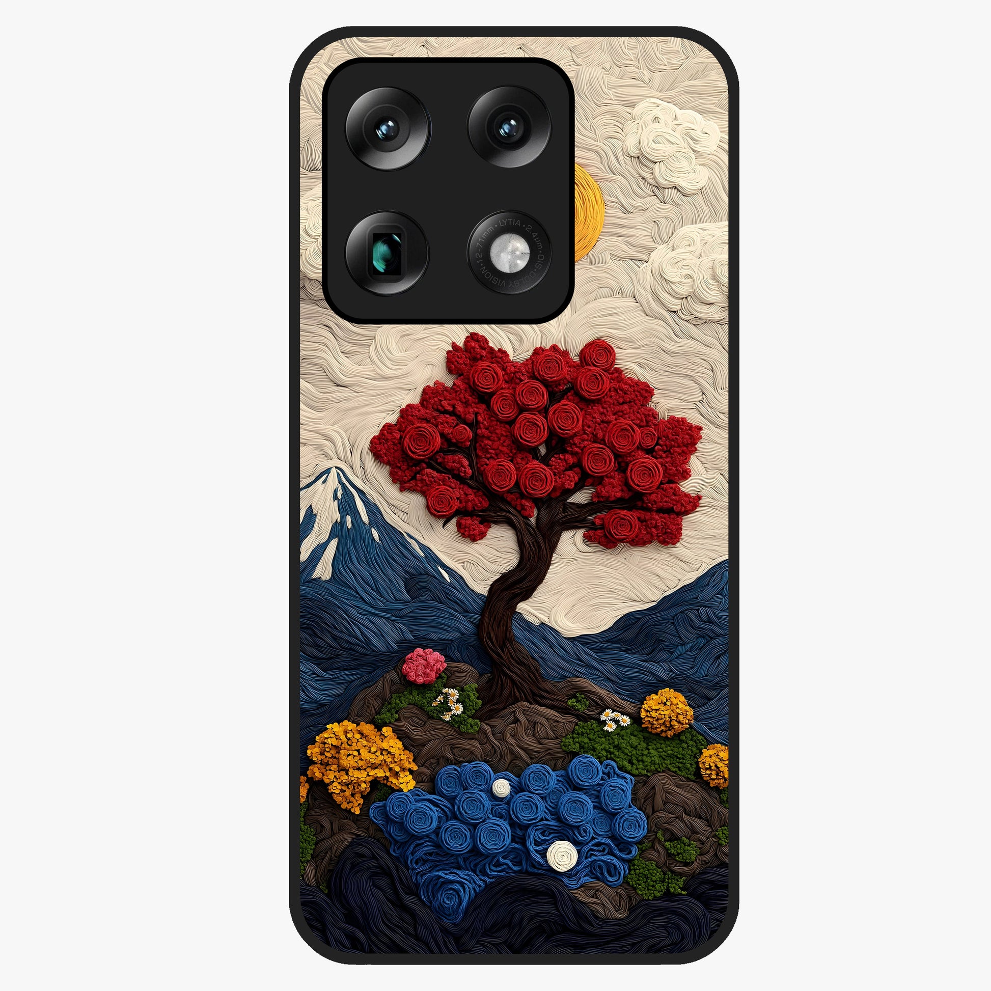 Eternal Nature Tapestry Glass Case showing flat back view with intricate nature tapestry artwork and glossy glass finish.