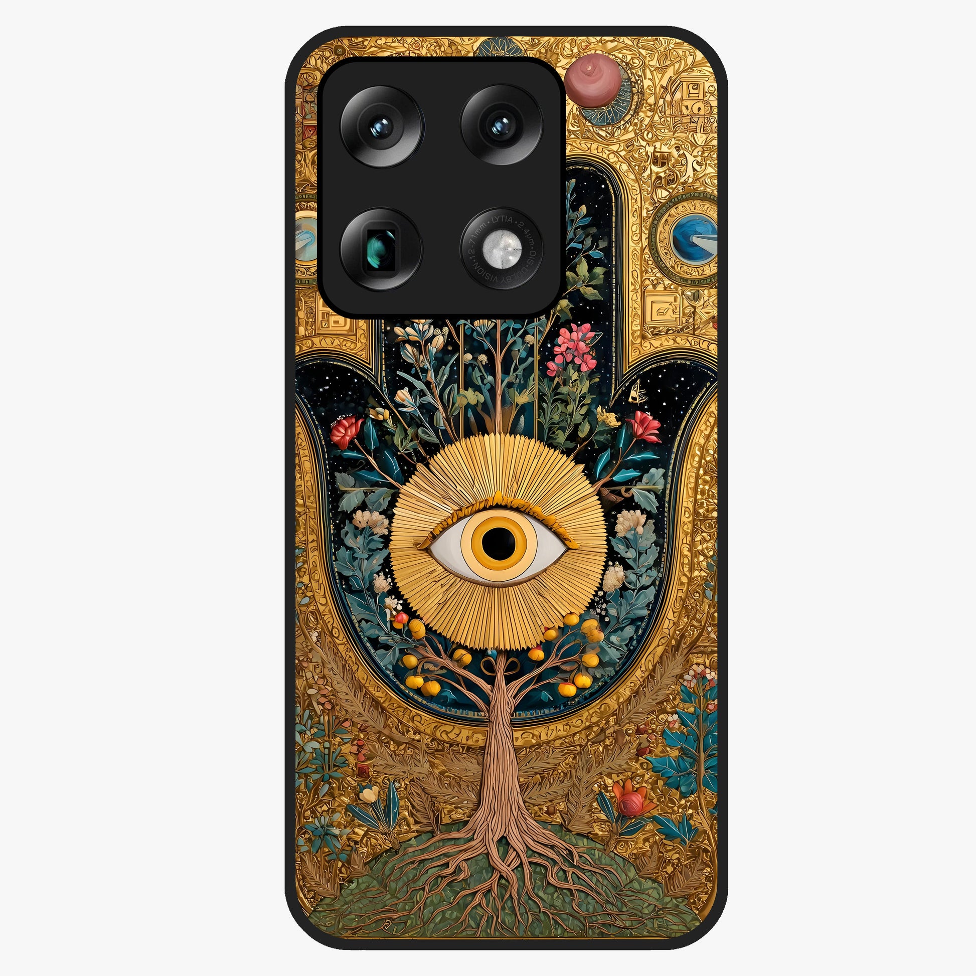 Ethereal Evil Eye Glass Case showing flat back view with mystical evil eye artwork and glossy glass finish.