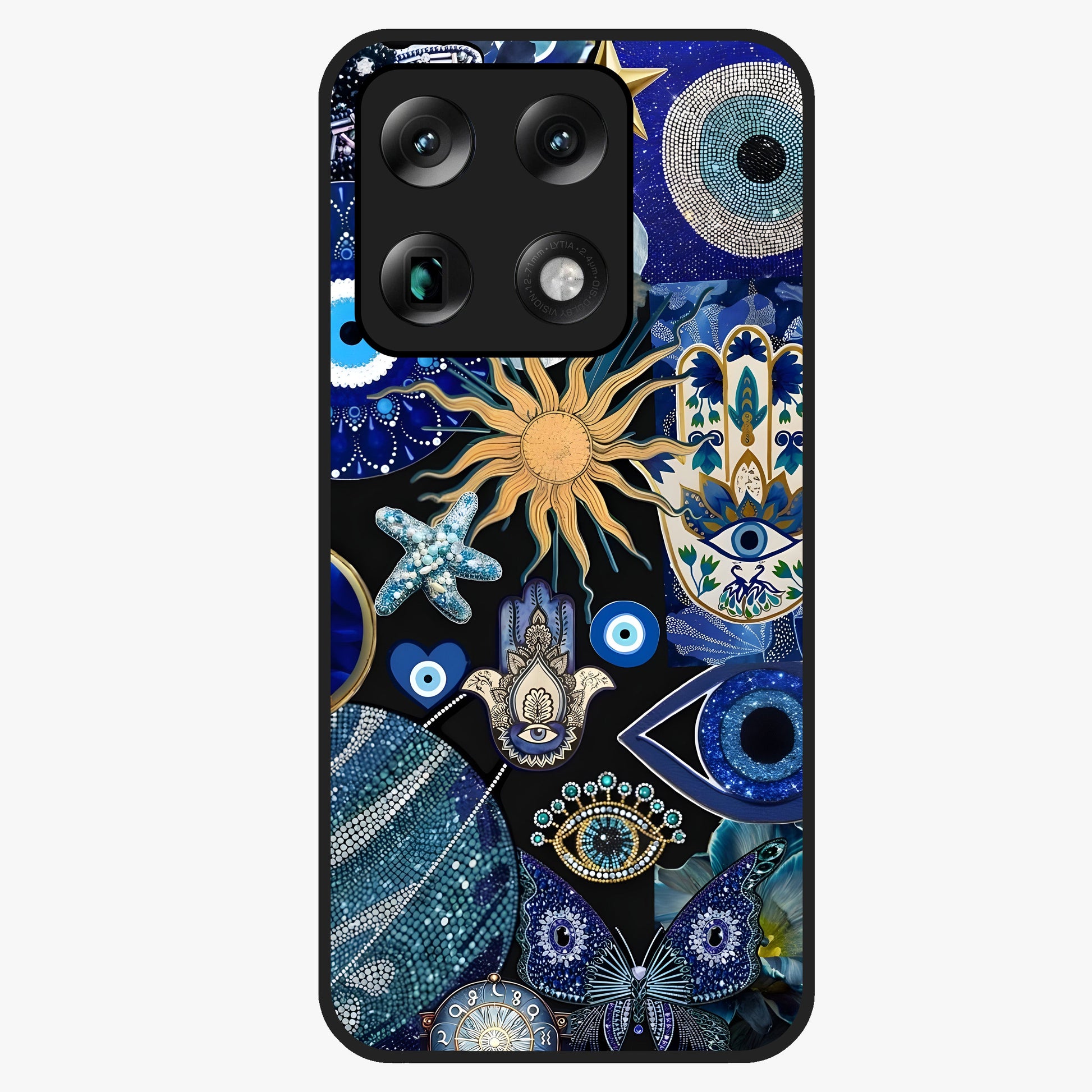 Evil Eye Charm Mix Glass Case showing flat back view with multiple evil eye charms artwork and glossy glass finish.