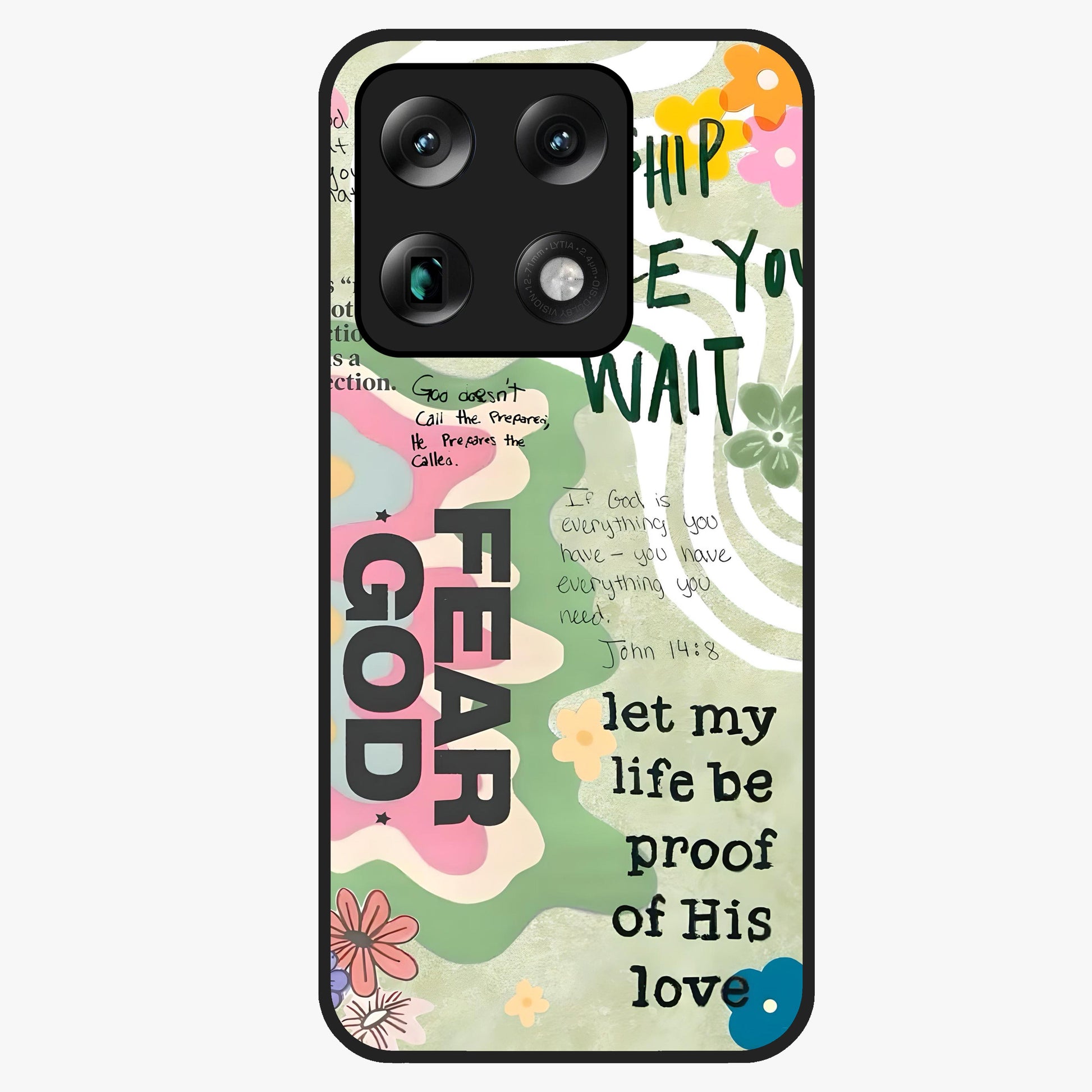 Faith Over Fear Glass Case showing flat back view with motivational typography artwork and glossy glass finish.