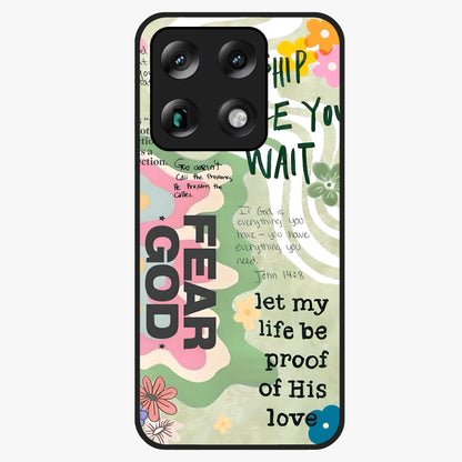 Faith Over Fear Glass Case showing flat back view with motivational typography artwork and glossy glass finish.