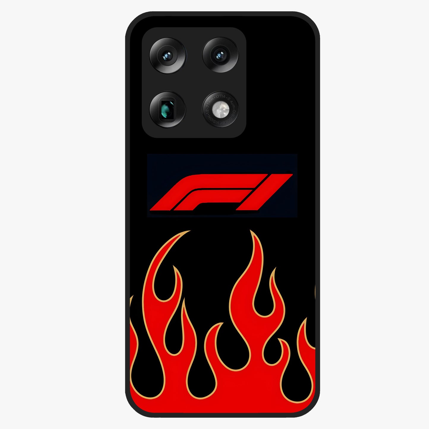 Fire F11 Glass Case showing flat back view with fiery themed artwork and glossy glass finish.