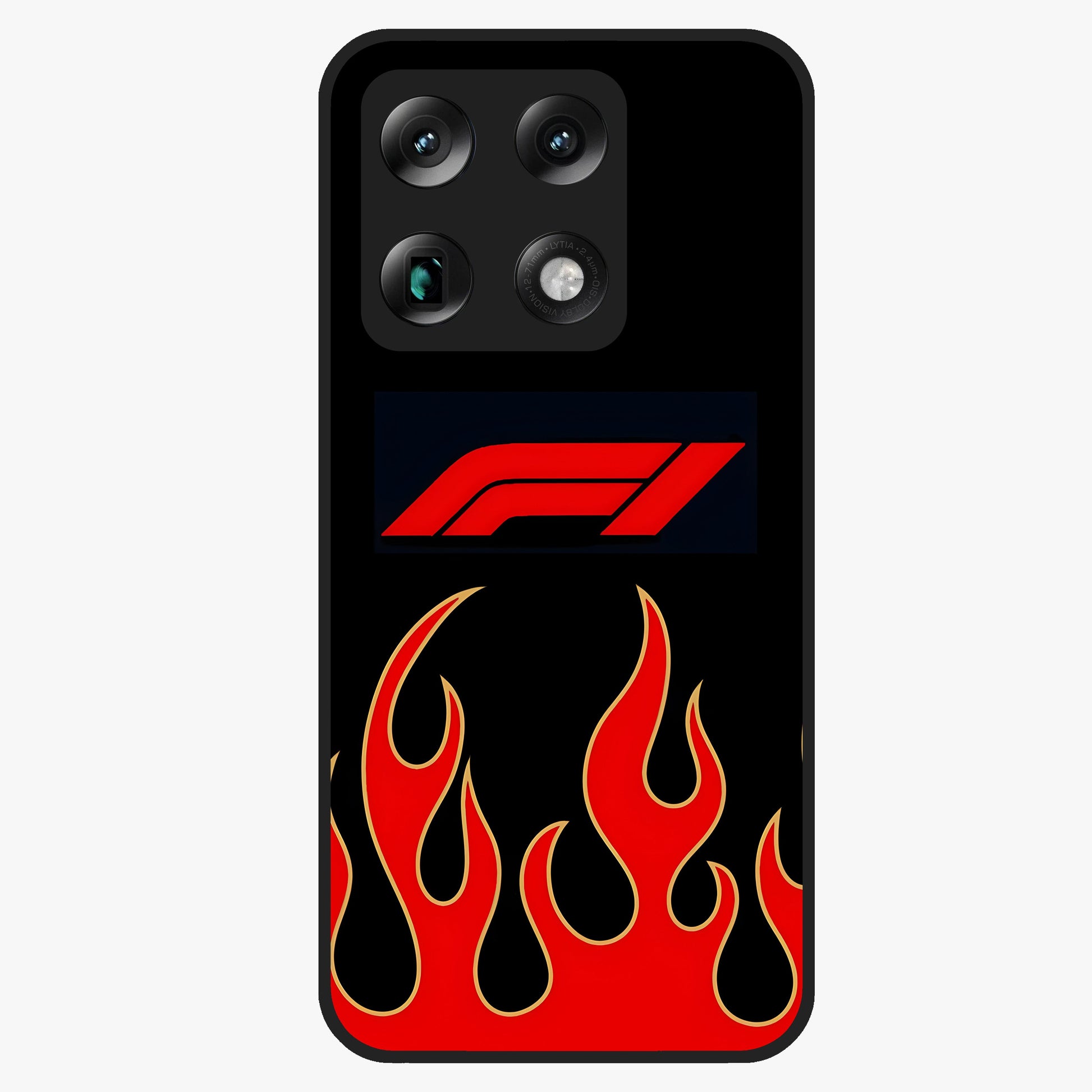 Fire F11 Glass Case showing flat back view with fiery themed artwork and glossy glass finish.