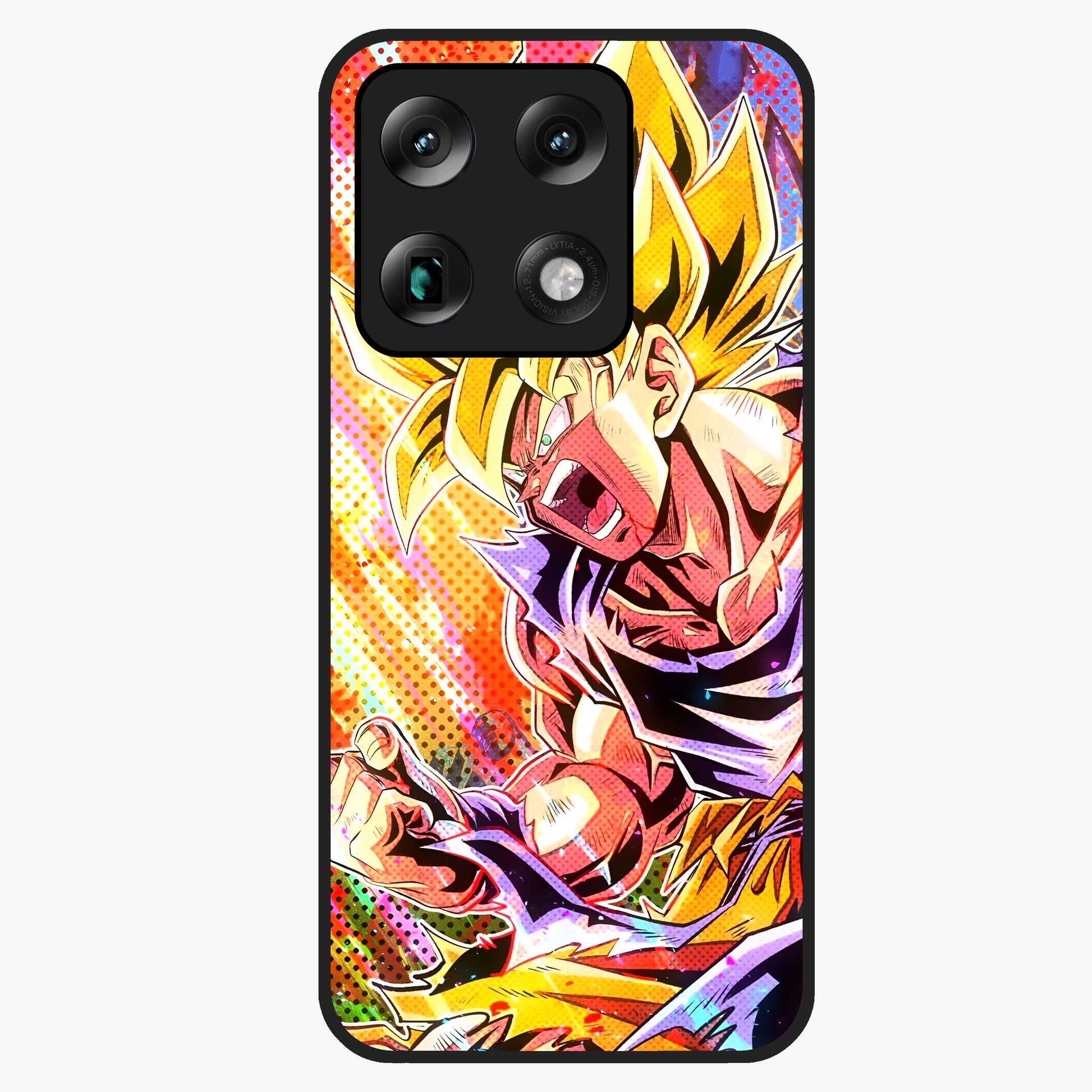 Firing Goku Glass Case showing flat back view with powerful anime inspired artwork and glossy glass finish.