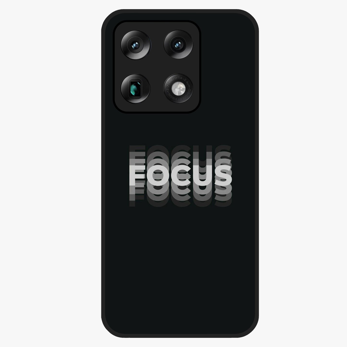 Focus Mode On Glass Case showing flat back view with bold motivational typography design and glossy glass finish.