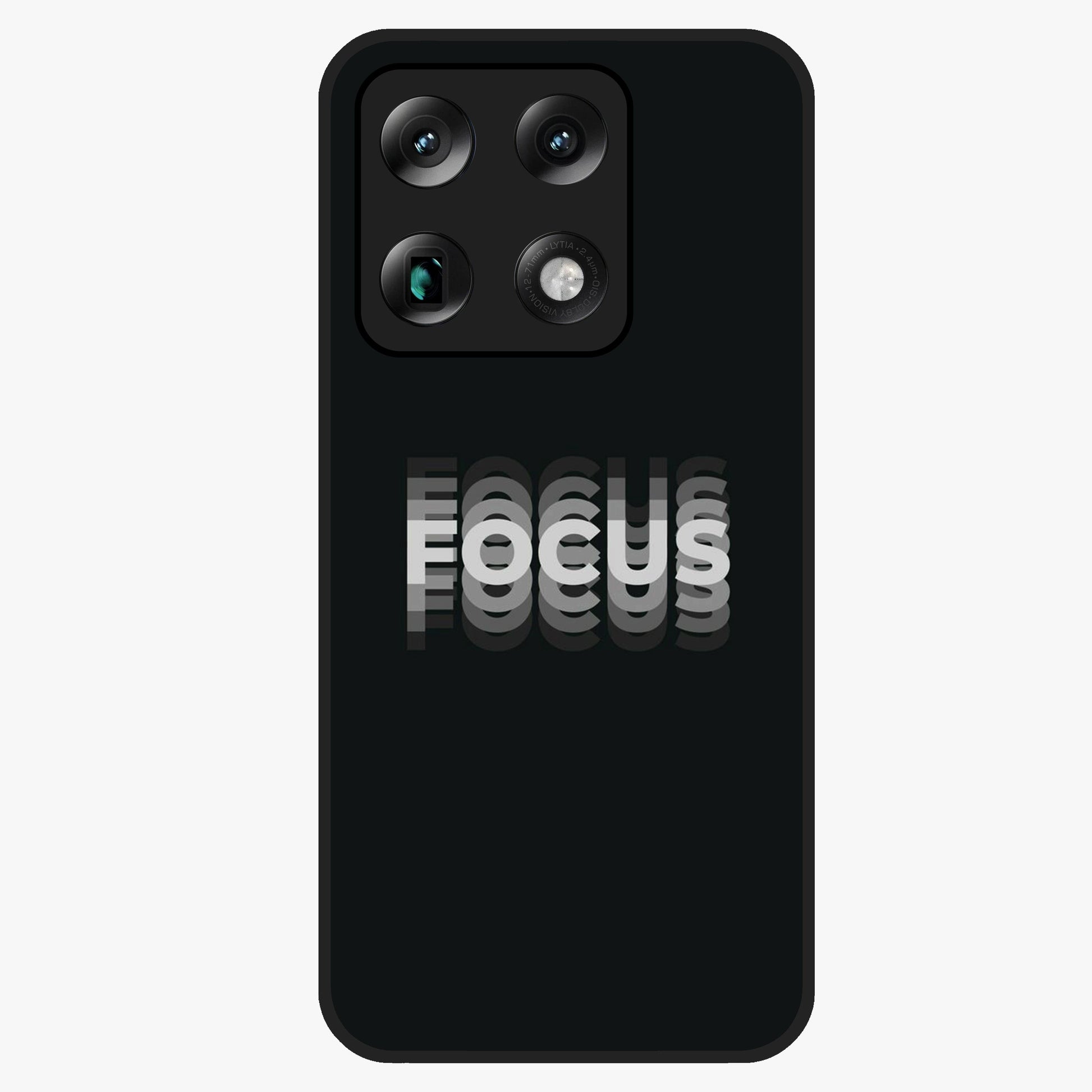 Focus Mode On Glass Case showing flat back view with bold motivational typography design and glossy glass finish.