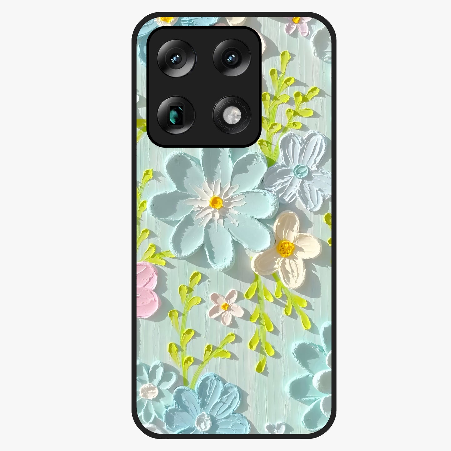 Frosted Petal Garden Glass Case showing flat back view with soft frosted floral artwork and glossy glass finish.