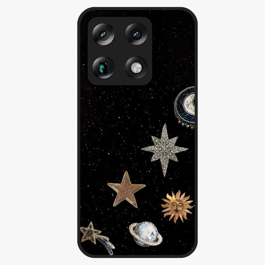 Galactic Charm Glow Glass Case showing flat back view with glowing celestial charm artwork and glossy glass finish.