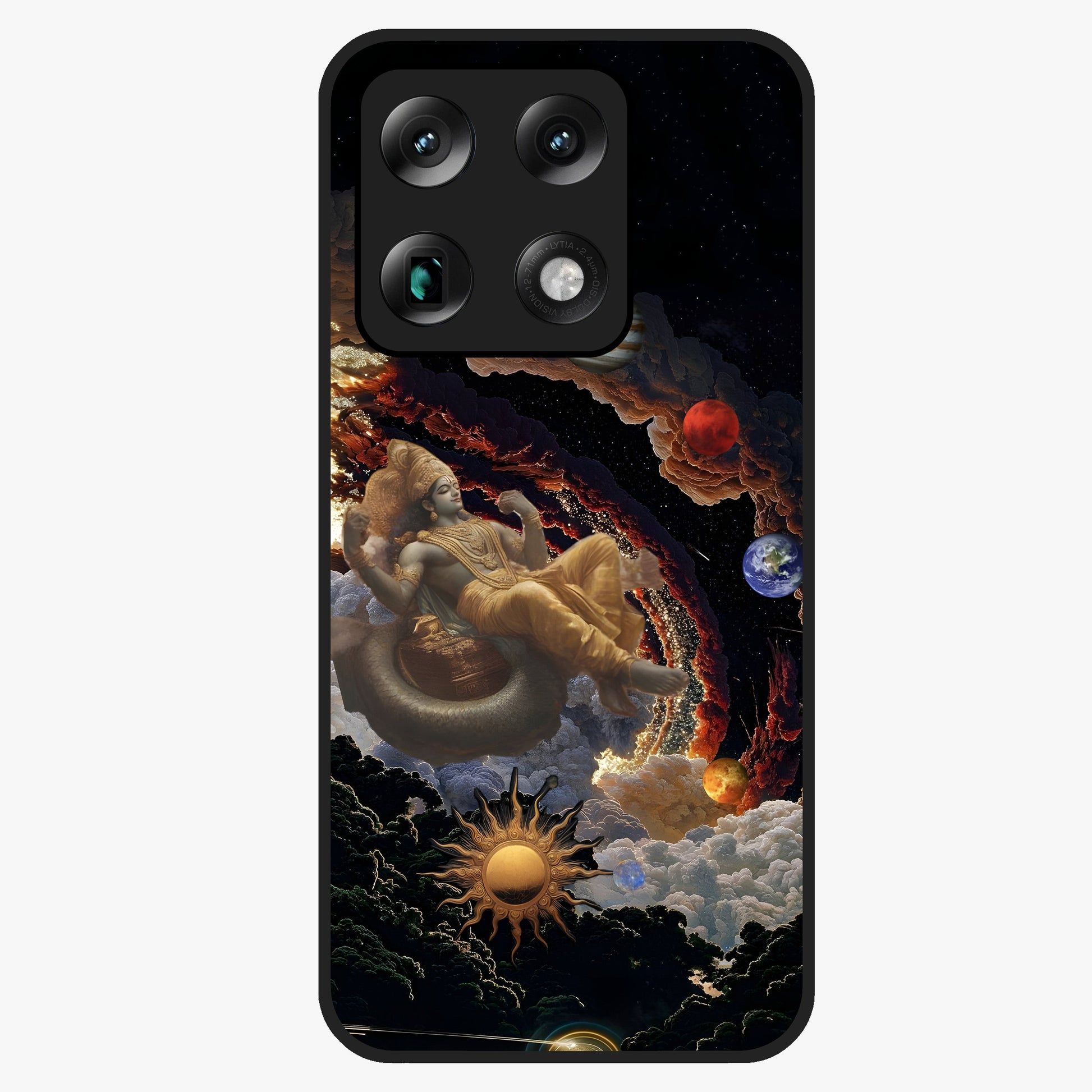 Galactic Divine God Glass Case showing flat back view with divine cosmic themed artwork and glossy glass finish.