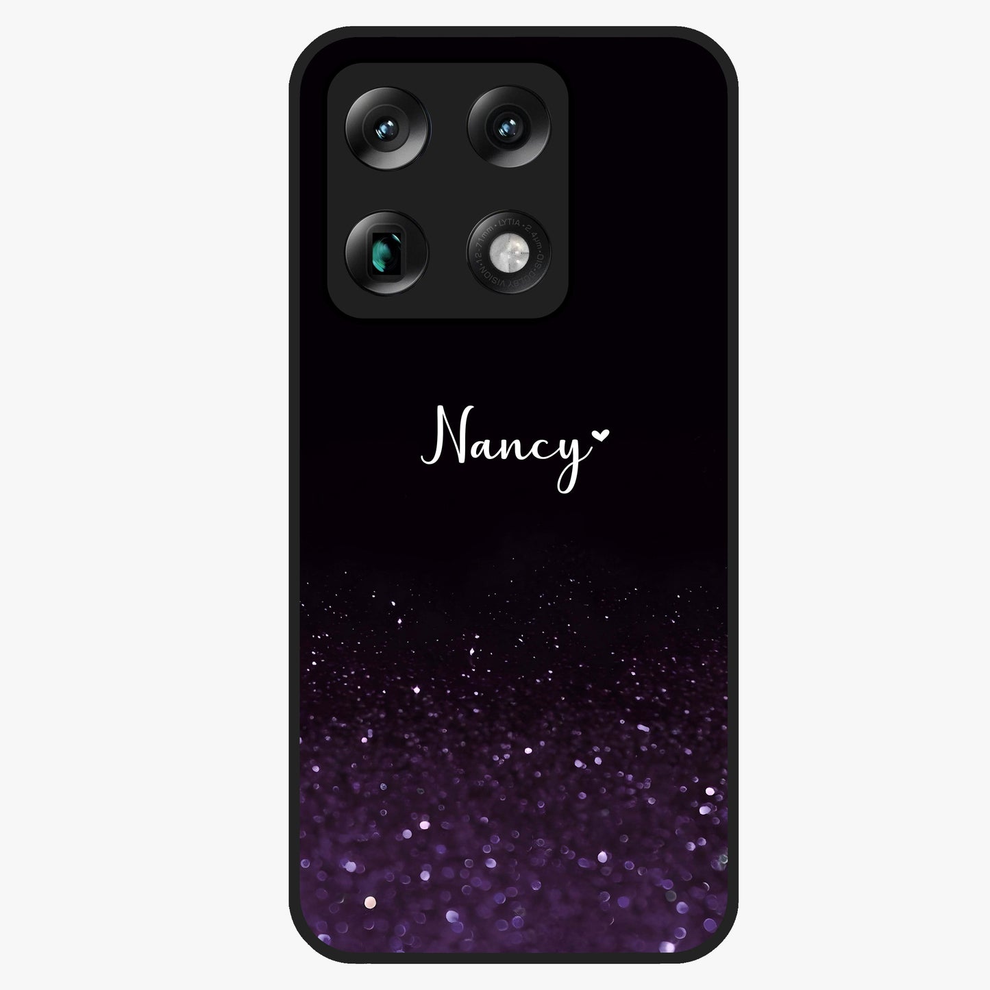 Glittery Purple Bokeh Custom Name Glass Case showing flat back view with purple bokeh sparkle artwork and personalized name design.