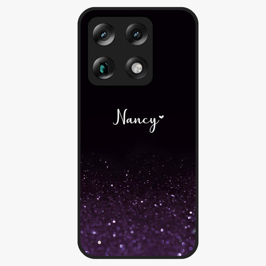 Glittery Purple Bokeh Custom Name Glass Case showing flat back view with purple bokeh sparkle artwork and personalized name design.