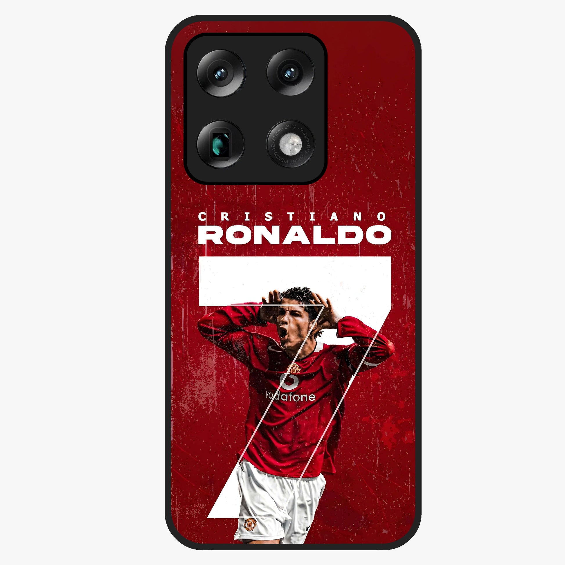 Goal Celebration Legacy Glass Case showing flat back view with football celebration inspired artwork and glossy glass finish.