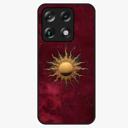 Gold Sun Blush Glass Case showing flat back view with golden sun inspired artwork and glossy glass finish.