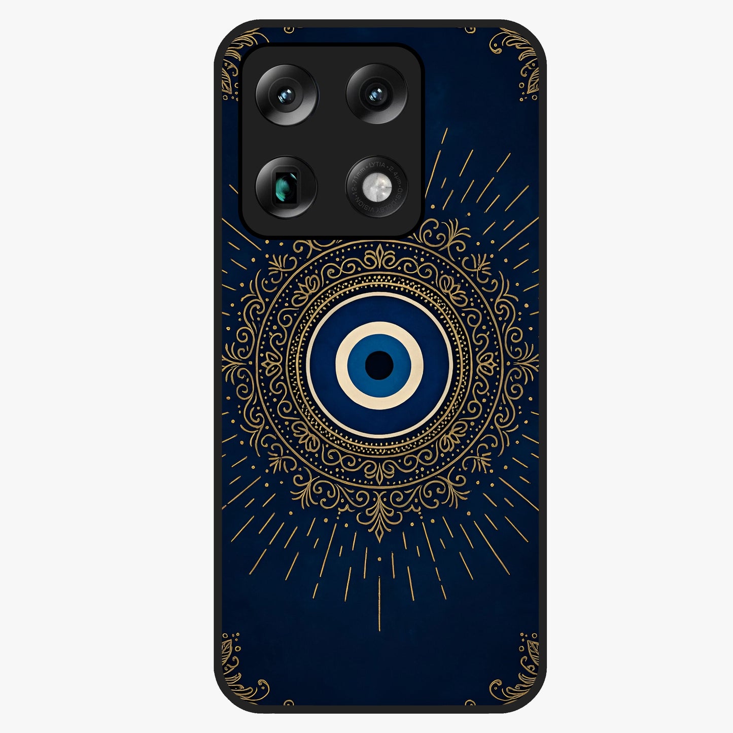 Golden Evil Eye Mandala Glass Case showing flat back view with intricate evil eye mandala artwork and glossy glass finish.
