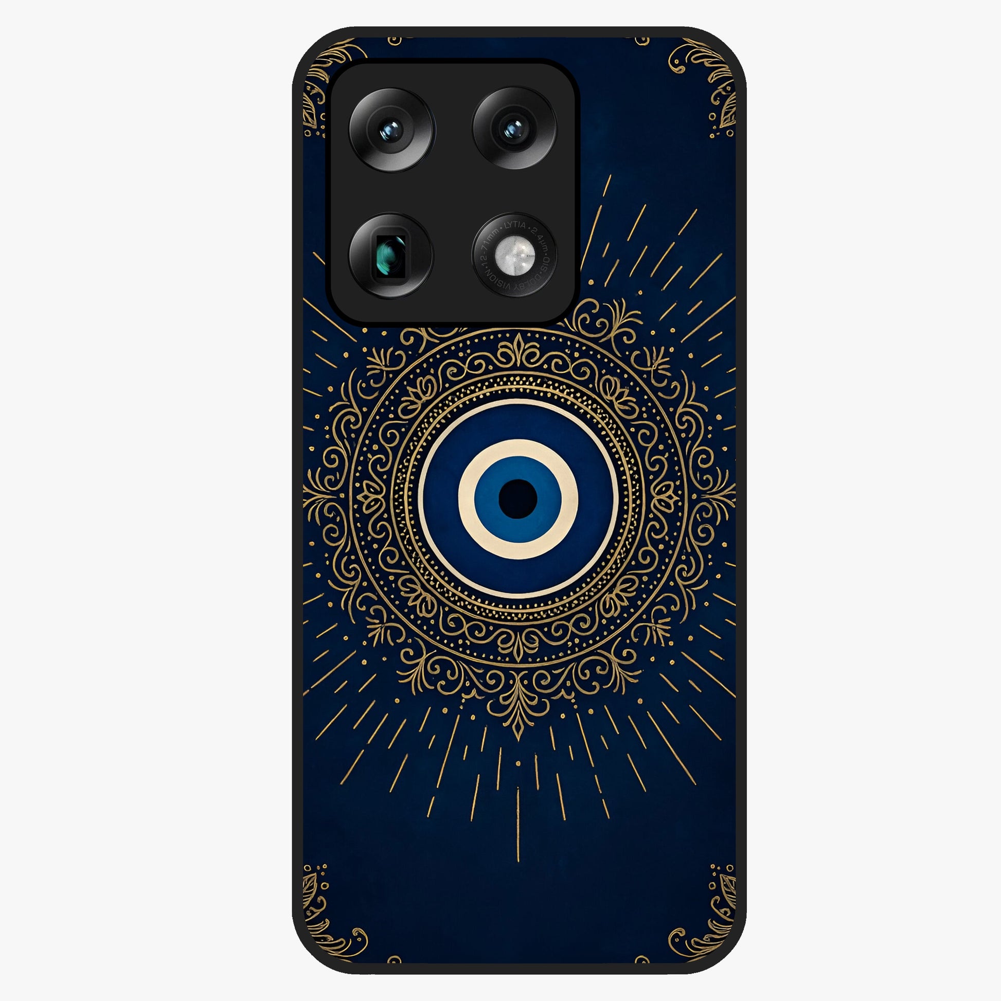 Golden Evil Eye Mandala Glass Case showing flat back view with intricate evil eye mandala artwork and glossy glass finish.