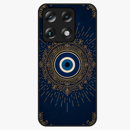 Golden Evil Eye Mandala Glass Case showing flat back view with intricate evil eye mandala artwork and glossy glass finish.