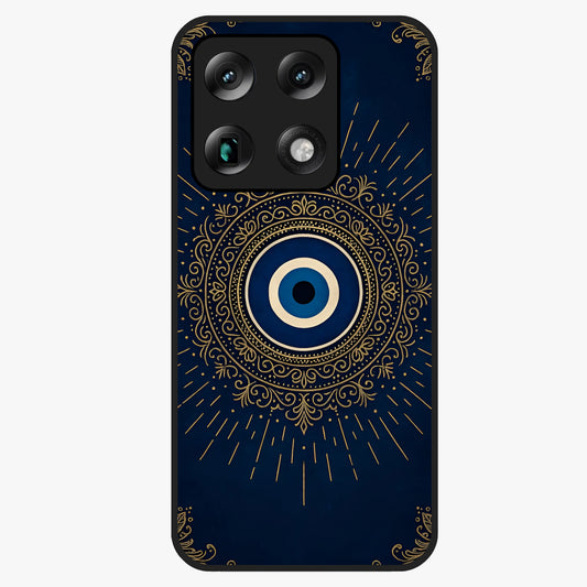 Golden Evil Eye Mandala Glass Case showing flat back view with intricate evil eye mandala artwork and glossy glass finish.