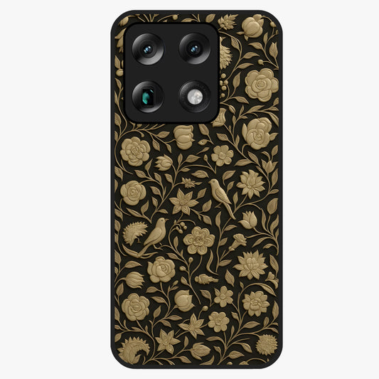 Golden Floral Majesty Glass Case showing flat back view with luxurious golden floral artwork and glossy glass finish.