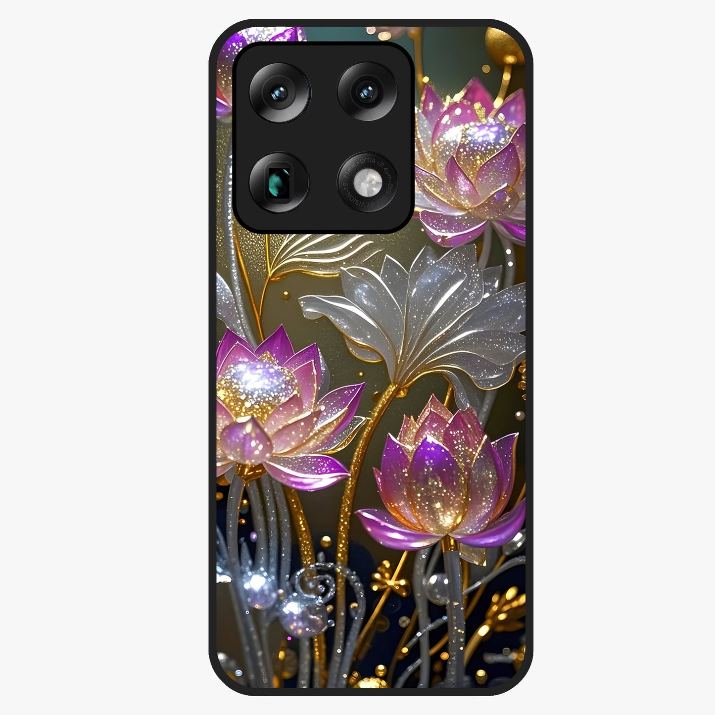 Golden Lotus Glow Glass Case showing flat back view with glowing lotus flower artwork and glossy glass finish.