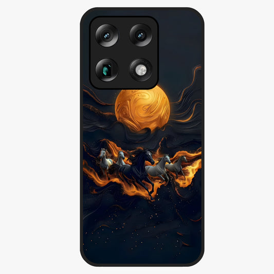 Golden Stallion Moonride Glass Case showing flat back view with majestic horse under moonlight artwork and glossy glass finish.