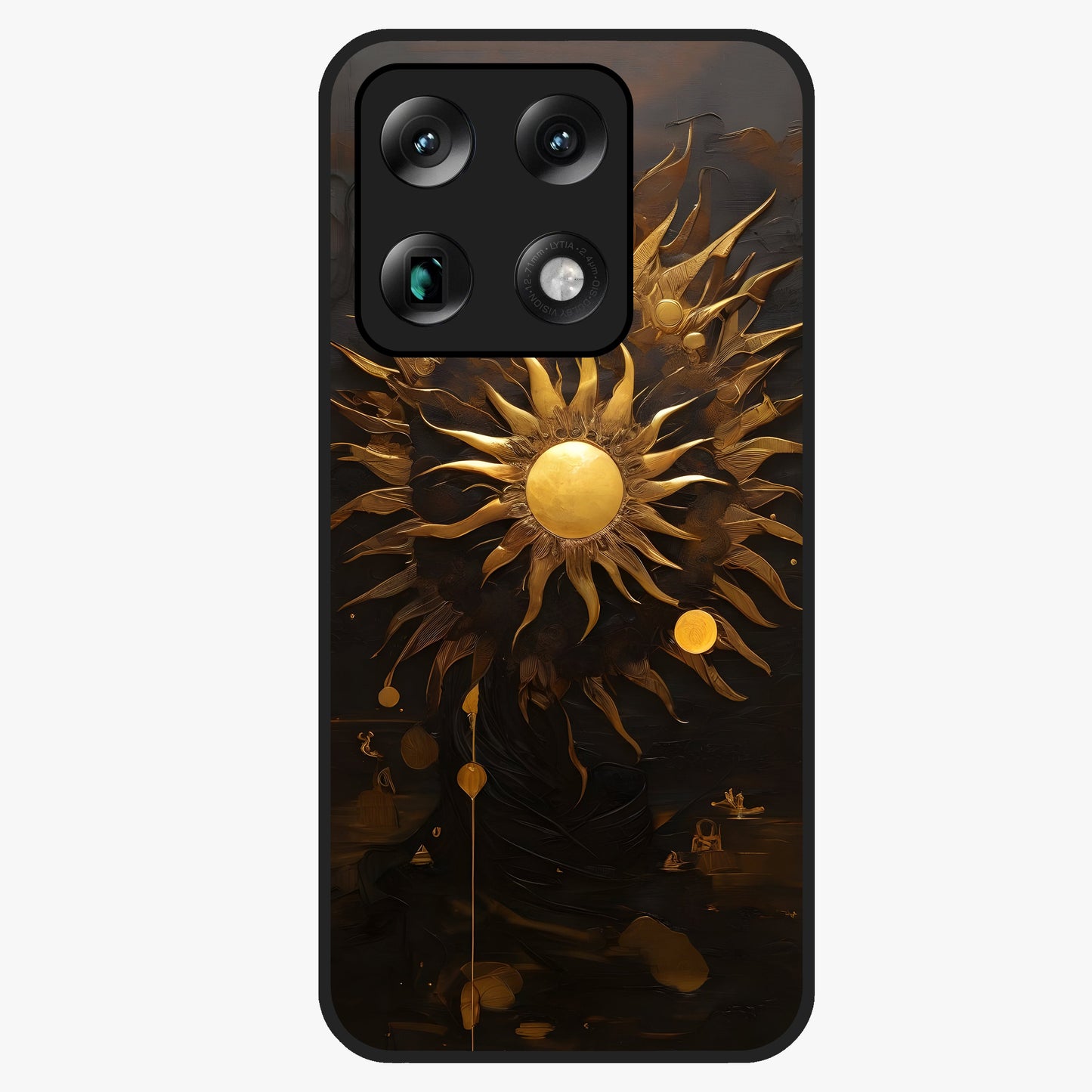 Golden Sun Majesty Glass Case showing flat back view with radiant golden sun artwork and glossy glass finish.
