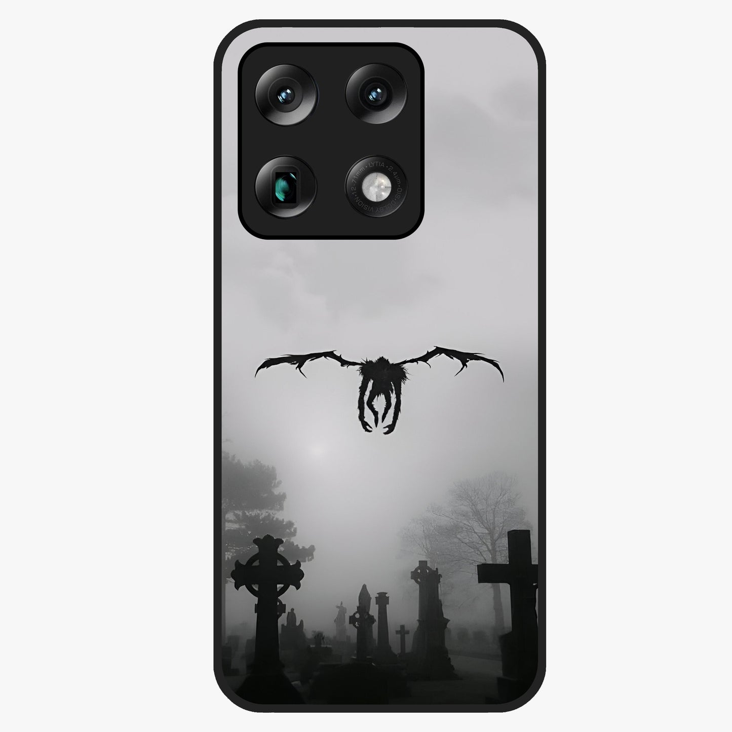 Graveyard Shadow Descent Glass Case showing flat back view with dark graveyard themed artwork and glossy glass finish.