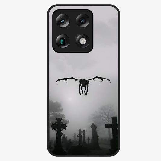 Graveyard Shadow Descent Glass Case showing flat back view with dark graveyard themed artwork and glossy glass finish.