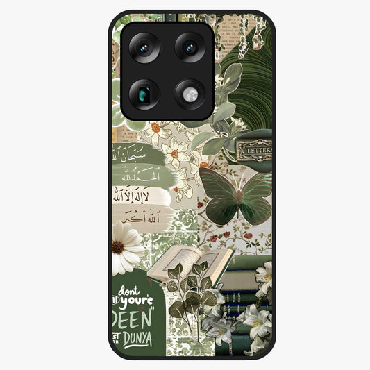 Green Islamic Books Quotes Glass Case showing flat back view with Islamic quotes and book themed artwork and glossy glass finish.