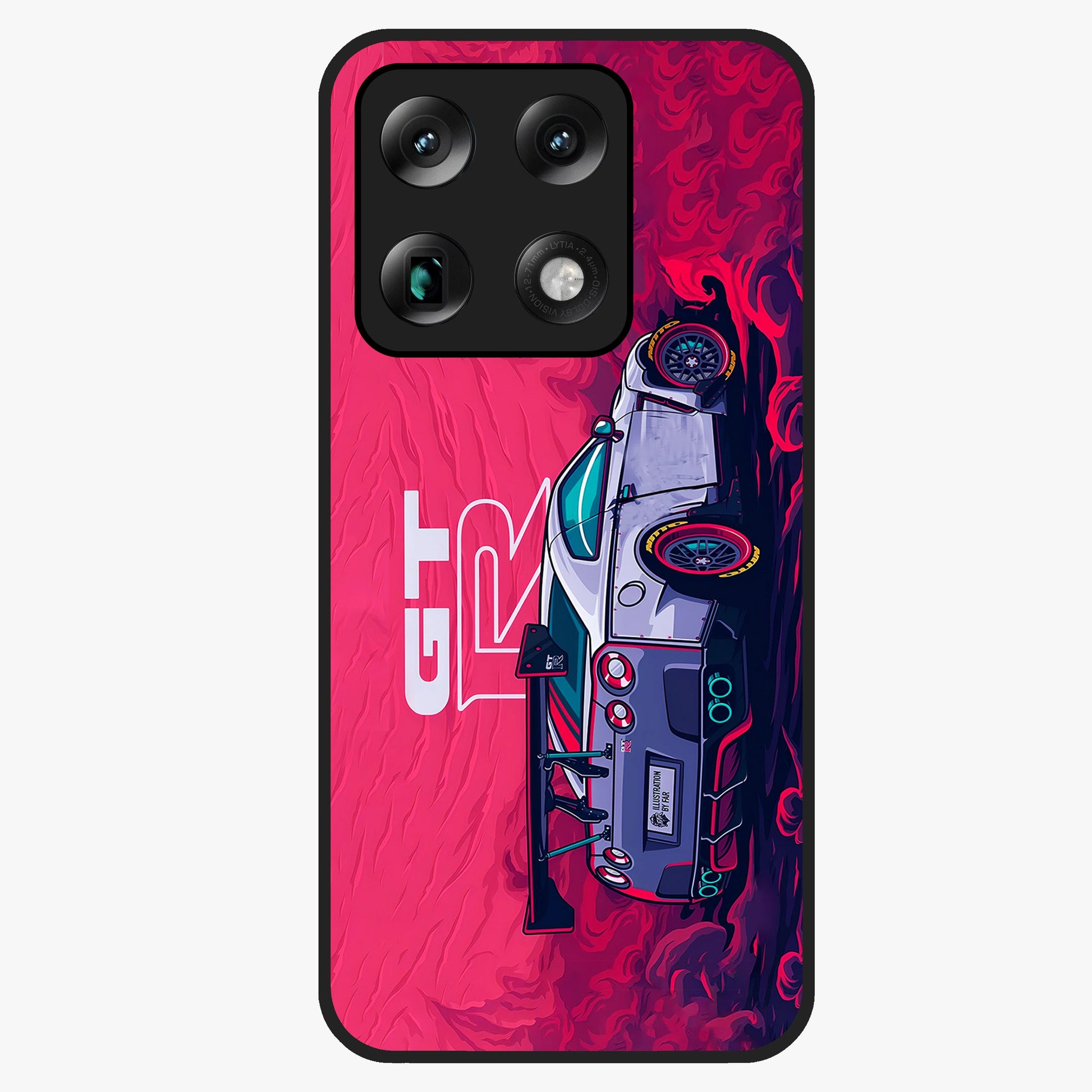 GT-R Car Pattern Glass Case showing flat back view with sporty car inspired pattern artwork and glossy glass finish.