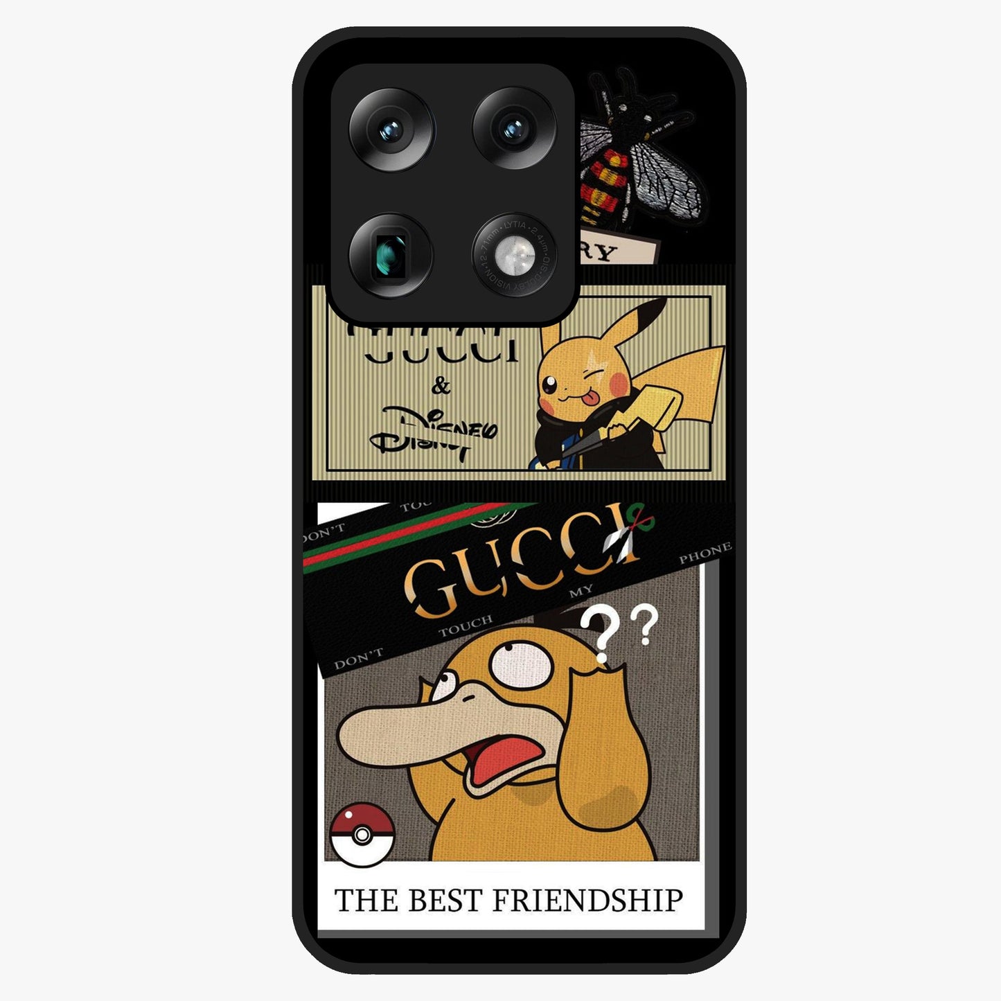 Gucci Play Mashup Glass Case showing flat back view with luxury inspired graphic artwork and glossy glass finish.