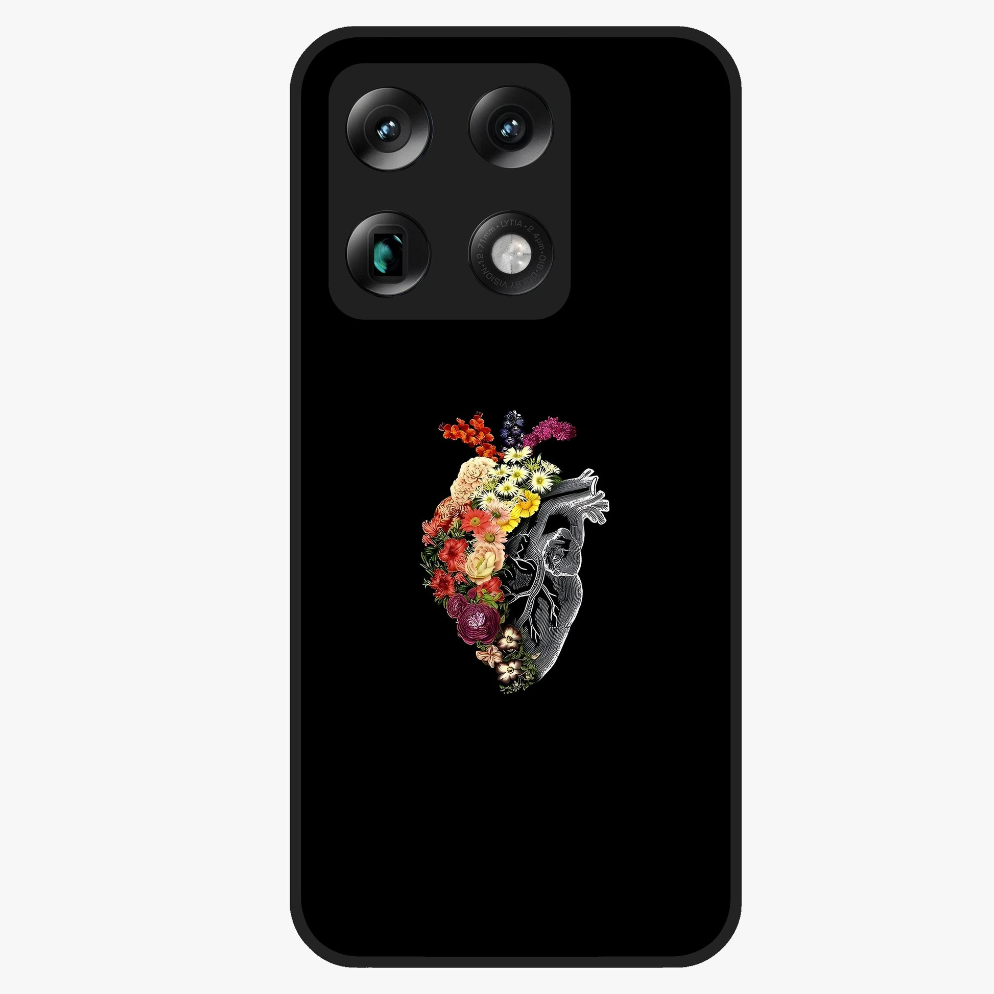 Heart With Flowers Glass Case showing flat back view with heart shaped floral artwork and glossy glass finish.