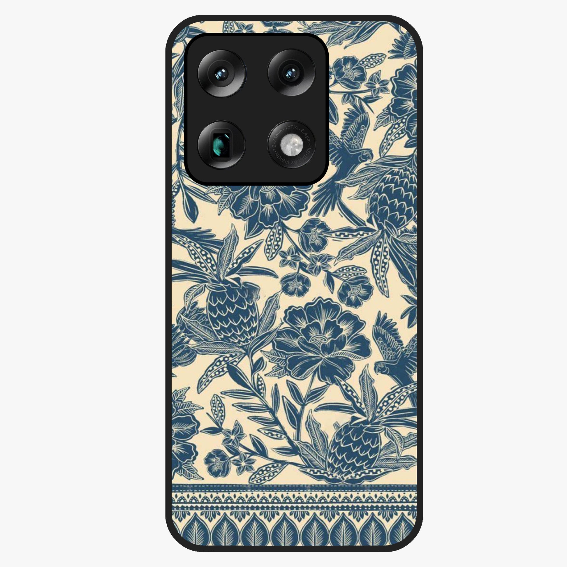 Heirloom Wild Bloom Glass Case showing flat back view with vintage inspired wild flower artwork and glossy glass finish.