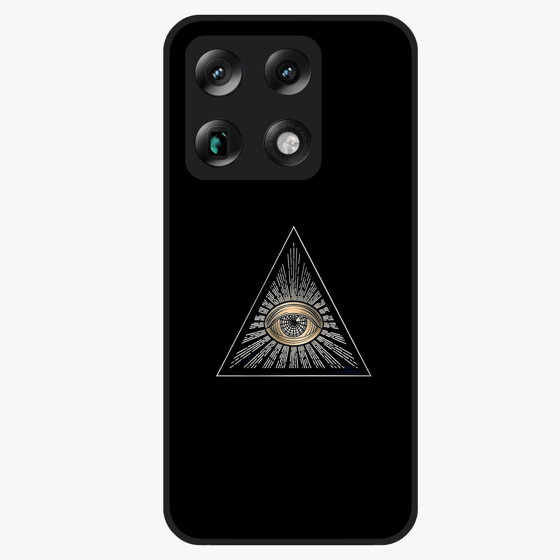 Illuminati Evil Glass Case showing flat back view with mysterious illuminati symbol artwork and glossy glass finish.