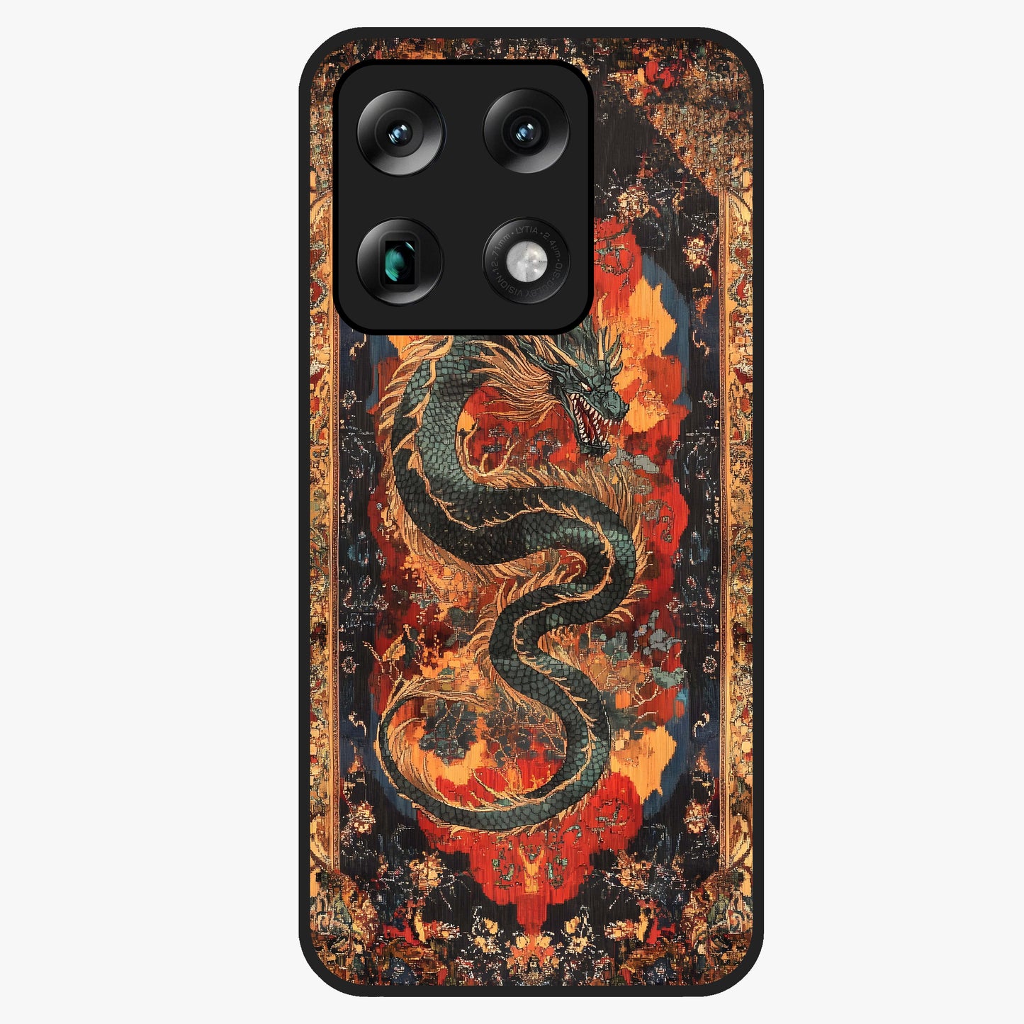 Inferno Dragon Soul Glass Case showing flat back view with fiery dragon artwork and glossy glass finish.
