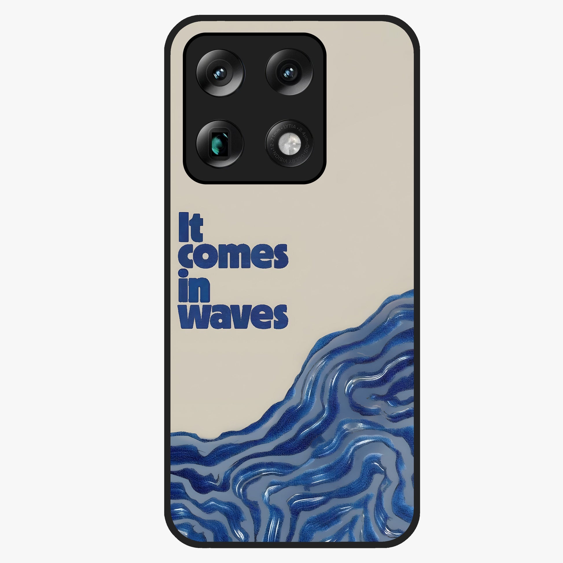 It Comes In Waves Quote Glass Case showing flat back view with inspirational wave themed quote artwork and glossy glass finish.