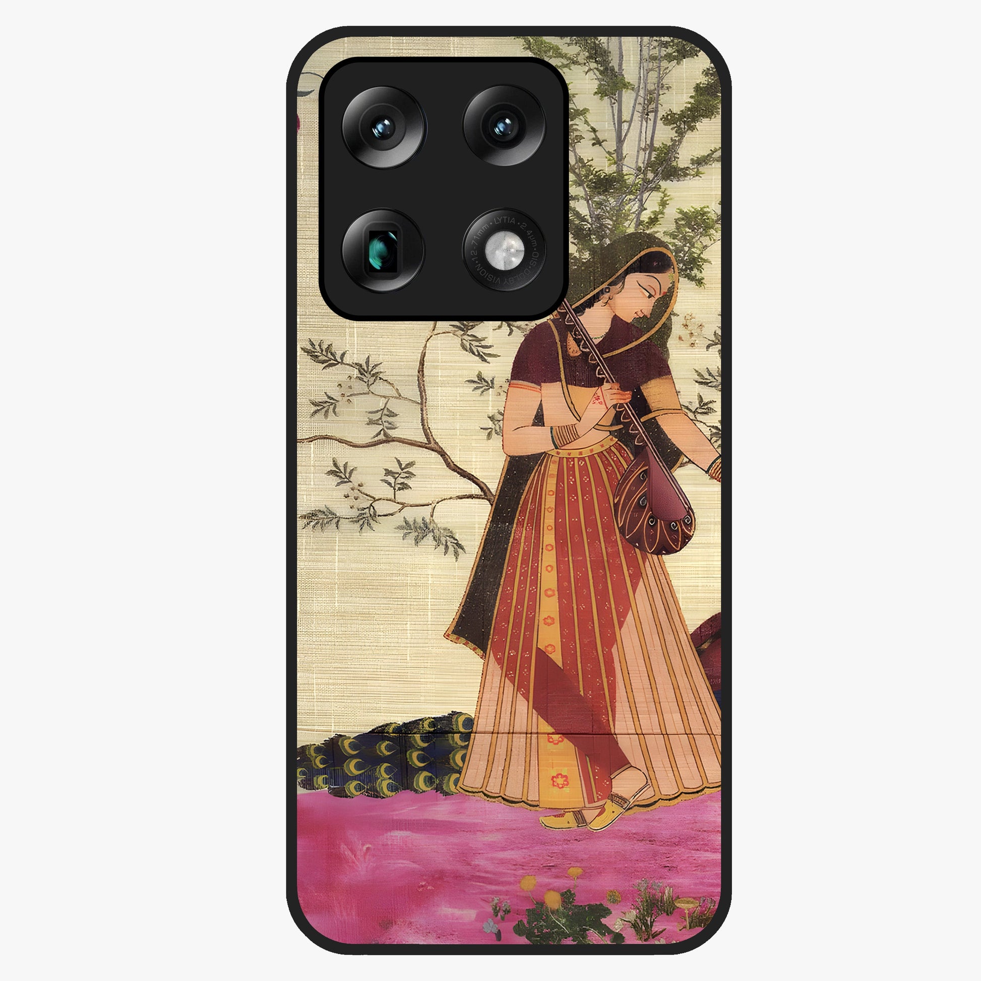 Lady With Veena Art Glass Case showing flat back view with elegant woman playing veena artwork and glossy glass finish.